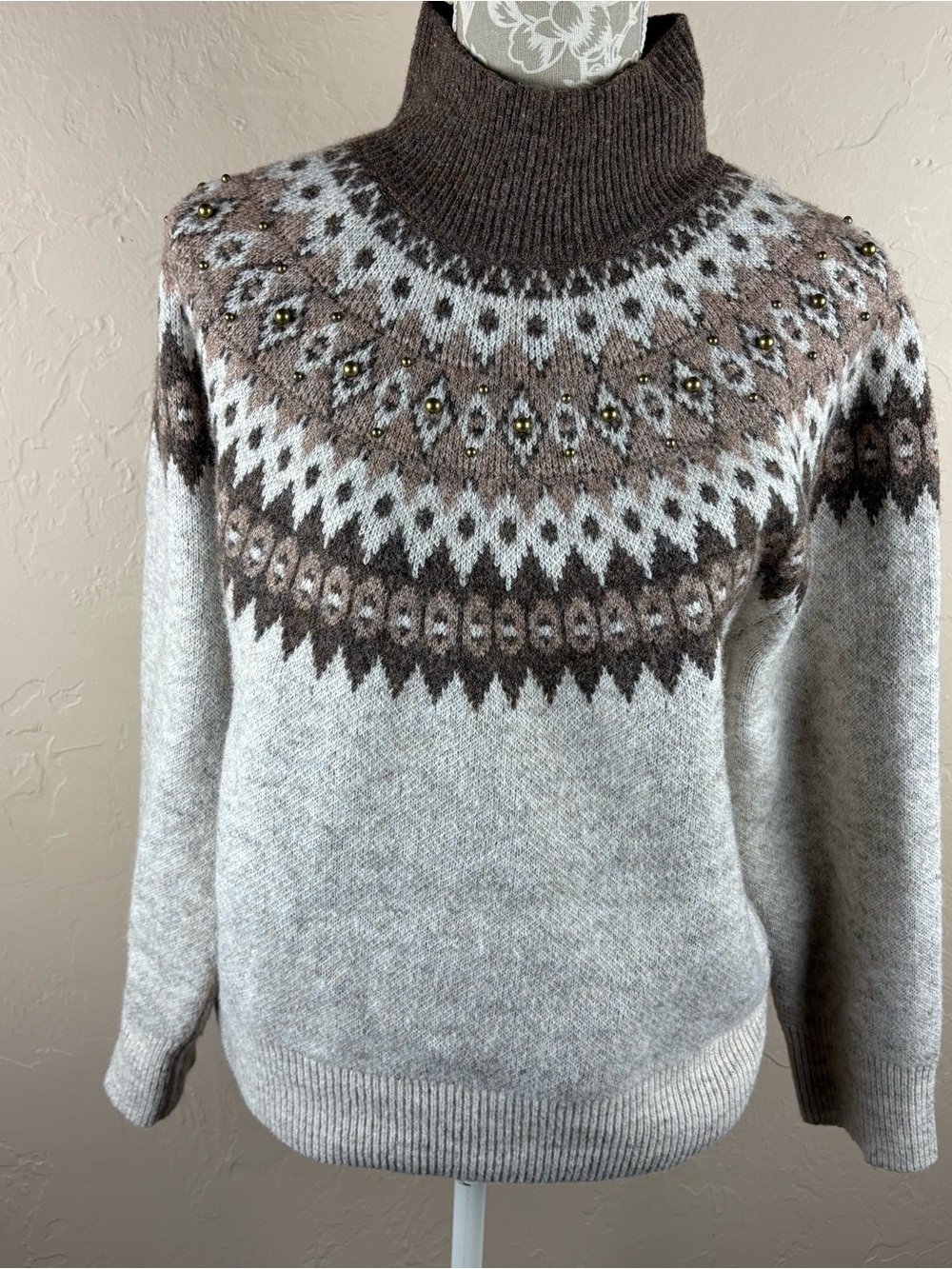 Joie Brown Fair Isle Nordic Sweater Embellished Mock Neck Women’s size Medium